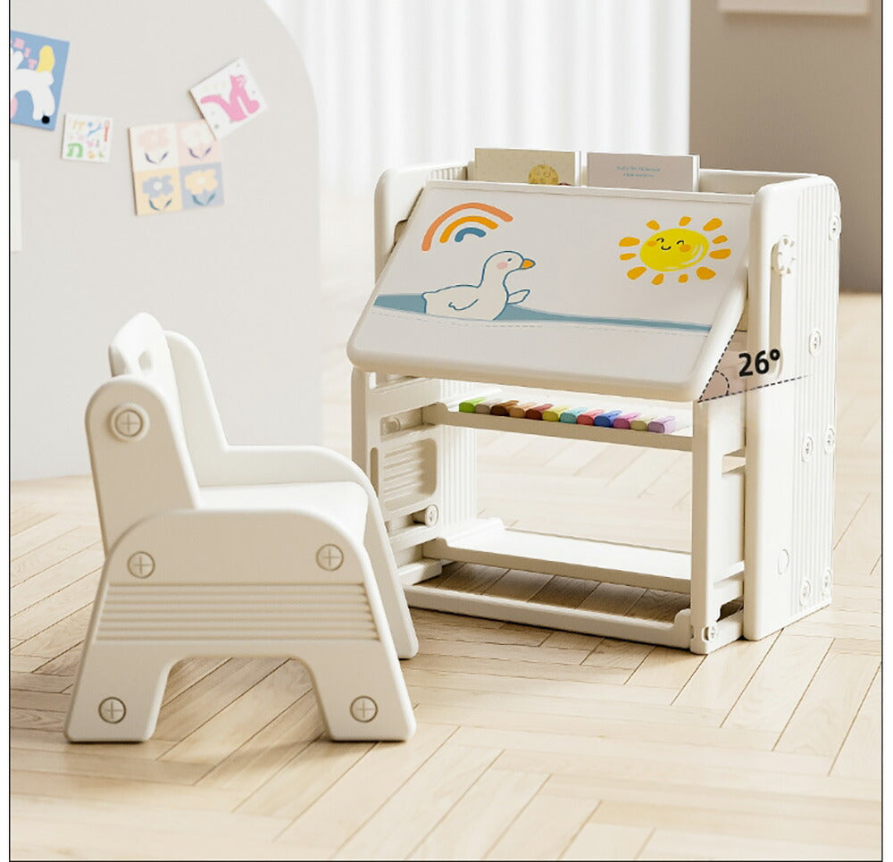 折りたたみキッズデスク チェア セット キッズテーブル ミニテーブル 絵本棚付き 子供用 勉強机 学習デスク テーブル 子供用テーブル 子供机 学習デスク 机 幼児机 お絵描きデスク 棚付き ホワイト 白 こども 組み立て簡単 多機能 省スペース プレゼント