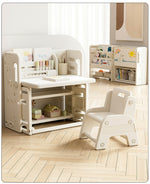 折りたたみキッズデスク チェア セット キッズテーブル ミニテーブル 絵本棚付き 子供用 勉強机 学習デスク テーブル 子供用テーブル 子供机 学習デスク 机 幼児机 お絵描きデスク 棚付き ホワイト 白 こども 組み立て簡単 多機能 省スペース プレゼント