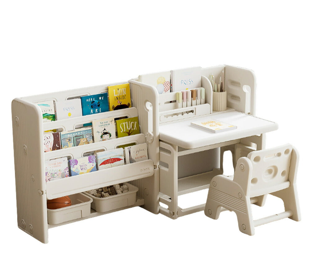 折りたたみキッズデスク チェア セット キッズテーブル ミニテーブル 絵本棚付き 子供用 勉強机 学習デスク テーブル 子供用テーブル 子供机 学習デスク 机 幼児机 お絵描きデスク 棚付き ホワイト 白 こども 組み立て簡単 多機能 省スペース プレゼント