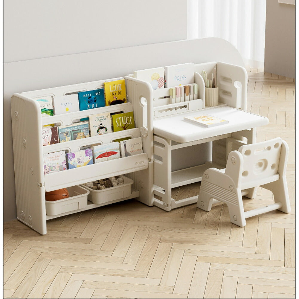 折りたたみキッズデスク チェア セット キッズテーブル ミニテーブル 絵本棚付き 子供用 勉強机 学習デスク テーブル 子供用テーブル 子供机 学習デスク 机 幼児机 お絵描きデスク 棚付き ホワイト 白 こども 組み立て簡単 多機能 省スペース プレゼント