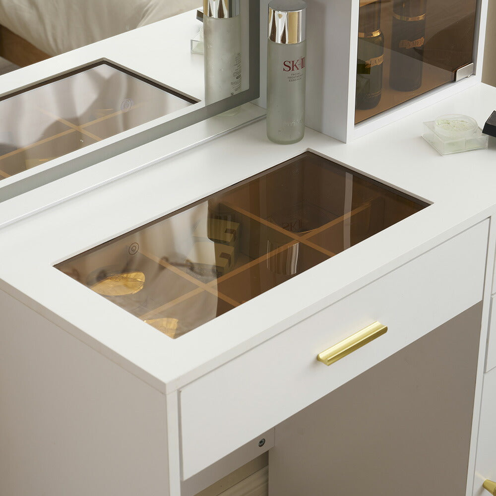 ドレッサー 化粧台 テーブル 鏡台 ライト付き 3色LED ドライヤーホルダー コンセント付き 女優ミラー 引き出し 収納 椅子 スツール付き セット サイド収納 メイク台 木製 幅80cm 白 ホワイト 高級感 おしゃれ シンプル プレゼント 大容量 可愛い