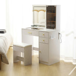 ドレッサー 化粧台 テーブル 鏡台 ライト付き 3色LED ドライヤーホルダー コンセント付き 女優ミラー 引き出し 収納 椅子 スツール付き セット サイド収納 メイク台 木製 幅80cm 白 ホワイト 高級感 おしゃれ シンプル プレゼント 大容量 可愛い