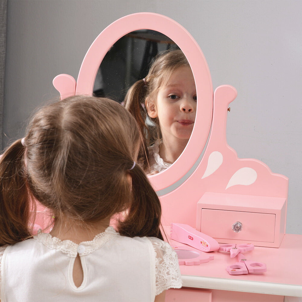 ままごとドレッサー ドレッサー 木製 化粧台 鏡台 スツール付き 引き出し 姫系 可愛い おしゃれ 子ども おもちゃ ドレッサー ピンク 70cm 誕生日 キッズ 女の子 プレゼント お姫様 女の子プレゼント 姪 おしゃれ かわいい