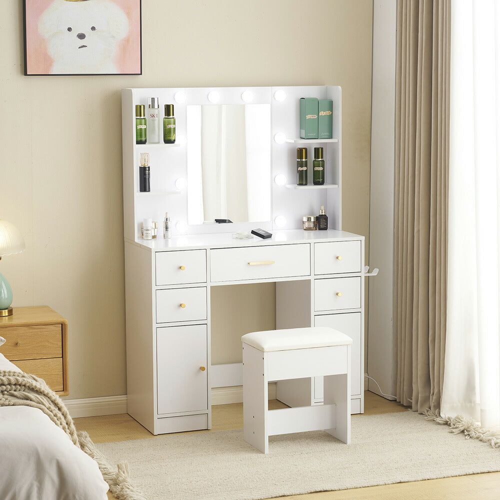 ドレッサー 鏡台 化粧台 テーブル ドレッサーテーブル 化粧テーブル 化粧品収納 卓上 メイク台 鏡 ミラー コンセント付き ライト付き 3色LED 女優ミラー 引き出し 収納 椅子 スツール付き セット サイド収納 メイク台 シンプル 幅90CM 大容量 高級感 可愛い