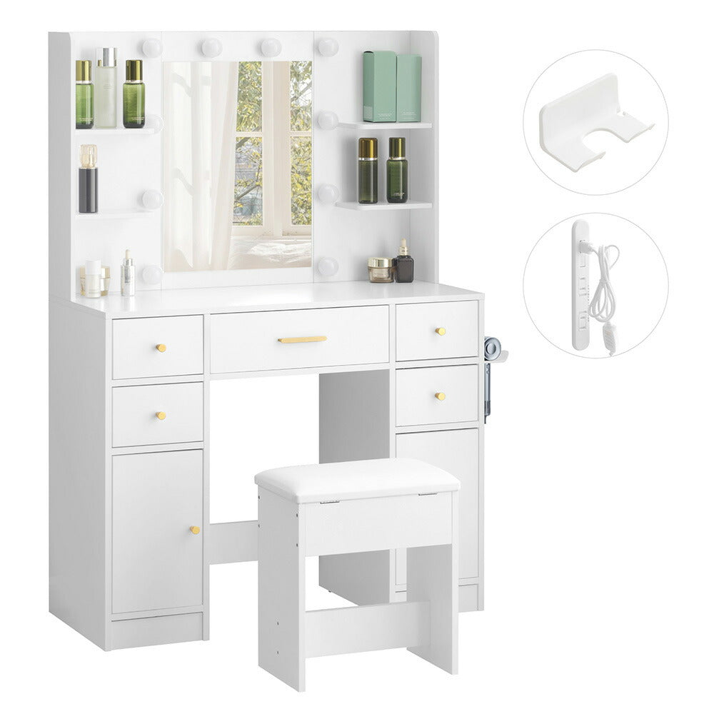 ドレッサー 鏡台 化粧台 テーブル ドレッサーテーブル 化粧テーブル 化粧品収納 卓上 メイク台 鏡 ミラー コンセント付き ライト付き 3色LED 女優ミラー 引き出し 収納 椅子 スツール付き セット サイド収納 メイク台 シンプル 幅90CM 大容量 高級感 可愛い