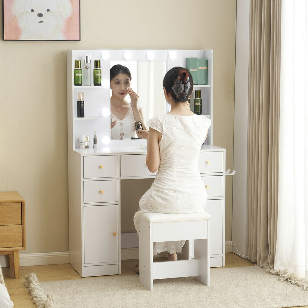 ドレッサー 鏡台 化粧台 テーブル ドレッサーテーブル 化粧テーブル 化粧品収納 卓上 メイク台 鏡 ミラー コンセント付き ライト付き 3色LED 女優ミラー 引き出し 収納 椅子 スツール付き セット サイド収納 メイク台 シンプル 幅90CM 大容量 高級感 可愛い