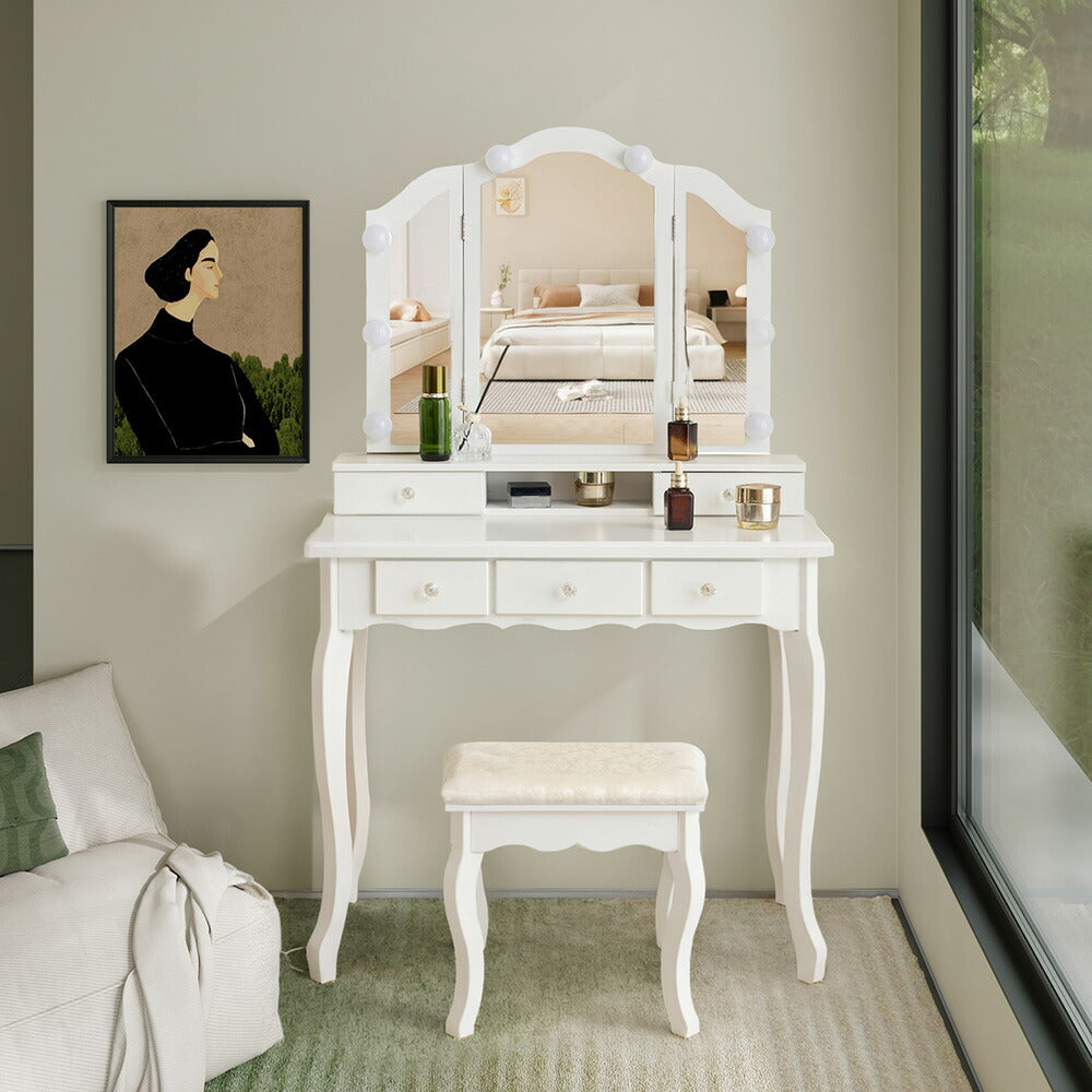 ドレッサー 化粧台 テーブル 鏡台 ライト付き 3色LED 女優ミラー 引き出し 収納 椅子 スツール付き セット サイド収納 メイク台 木製 ホワイト 白 幅80cm 80cm シンプル 大容量 可愛い 高級感 お姫 おしゃれ
