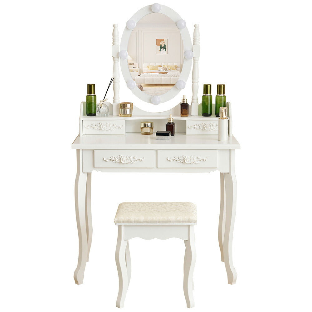 ドレッサー 化粧台 テーブル 鏡台 ライト付き 3色LED 女優ミラー 引き出し 収納 椅子 スツール付き セット サイド収納 メイク台 木製 ホワイト 白 幅80cm 80cm シンプル 大容量 可愛い 高級感 お姫 おしゃれ