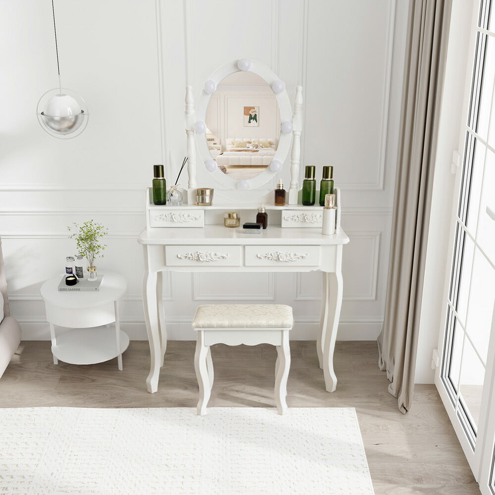 ドレッサー 化粧台 テーブル 鏡台 ライト付き 3色LED 女優ミラー 引き出し 収納 椅子 スツール付き セット サイド収納 メイク台 木製 ホワイト 白 幅80cm 80cm シンプル 大容量 可愛い 高級感 お姫 おしゃれ