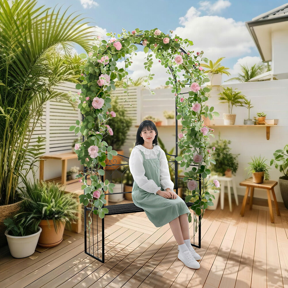 ガーデンベンチ 2人掛け ガーデンアーチ ローズアーチ ベンチ付き アイアンアーチ フラワーアーチ スチール製 ガーデンファニチャー バラ支柱 園芸アーチ ガーデニング支柱 庭園装飾 7日内出荷