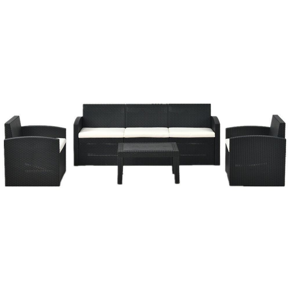 ガーデンファニチャー 4点セット 5人掛け ソファセット ラタン調 ガーデンテーブル付き クッション付き PEラタン 防水 耐候性 工具不要 組立簡単 ベランダ テラス 庭 カフェ ホテル 屋外家具 ガーデンソファ 7日内出荷