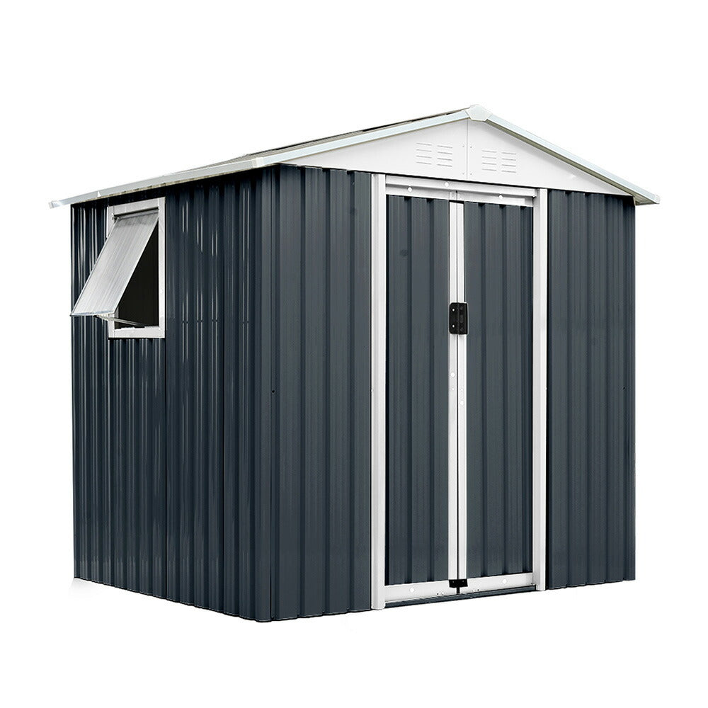 【可動棚＆すべり出し窓付き】物置 屋外 スチール 倉庫 床材補強フレーム付き W194×D162×H184cm 大型収納庫 約4132L 引き戸 施錠可能 換気口付き 防さび 防水 人字屋根 屋外物置 ガーデニング 庭 ベランダ収納 スチール物置 グレーホワイト ブルーグレー 7日内出荷