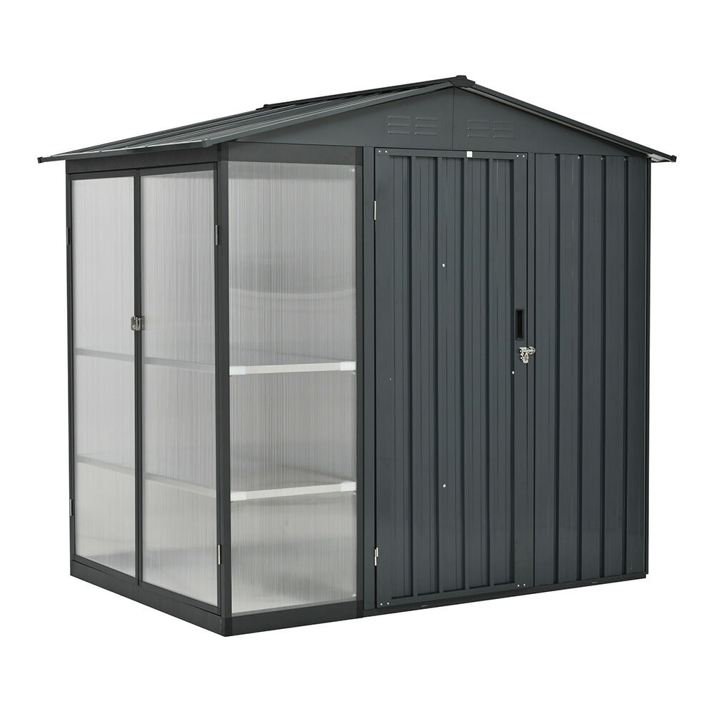 温室付き 物置 屋外 スチール物置 可動棚 戸外収納庫 W180×D121×H180cm 大型 収納庫 屋外物置 倉庫 ガーデニング温室 ガーデンハウス 防さび 防水 屋外収納 ガーデニング収納 ベランダ収納 庭収納 ブラック ブルーグレー 7日内出荷