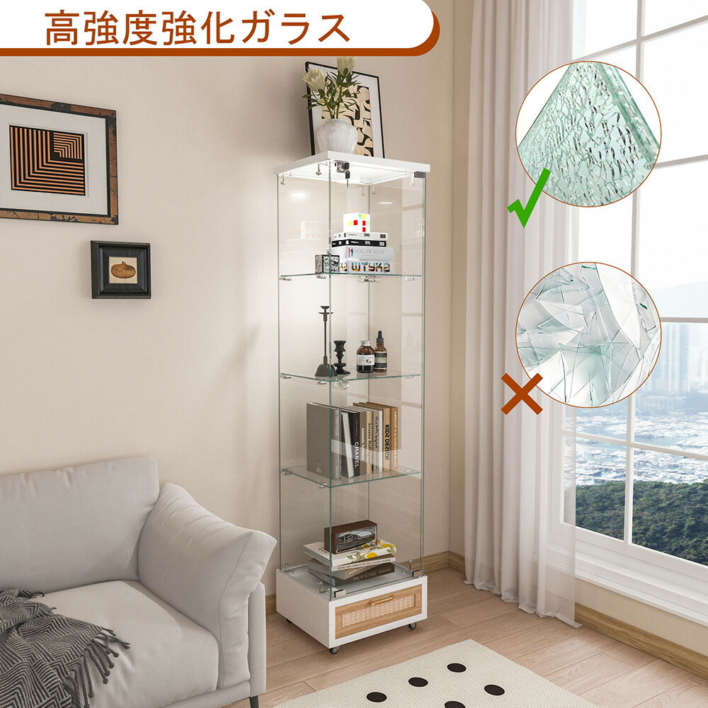 コレクションケース コレクションシェルフ コレクションケース キャビネット 鍵付き フィギュアケース 強化ガラス扉付き LED照明＆引き出し付き 4段 スリム 収納棚 全面ガラス ディスプレイ 7日内出荷