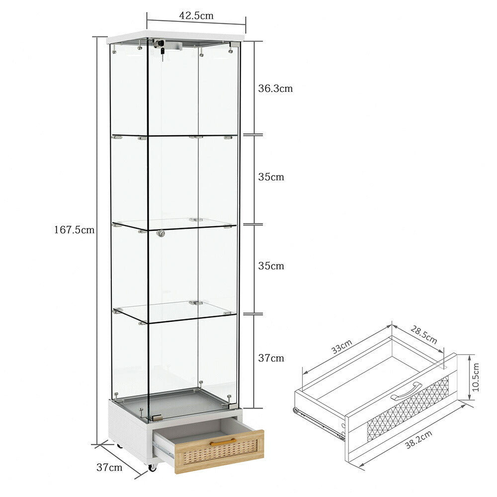 コレクションケース コレクションシェルフ コレクションケース キャビネット 鍵付き フィギュアケース 強化ガラス扉付き LED照明＆引き出し付き 4段 スリム 収納棚 全面ガラス ディスプレイ 7日内出荷