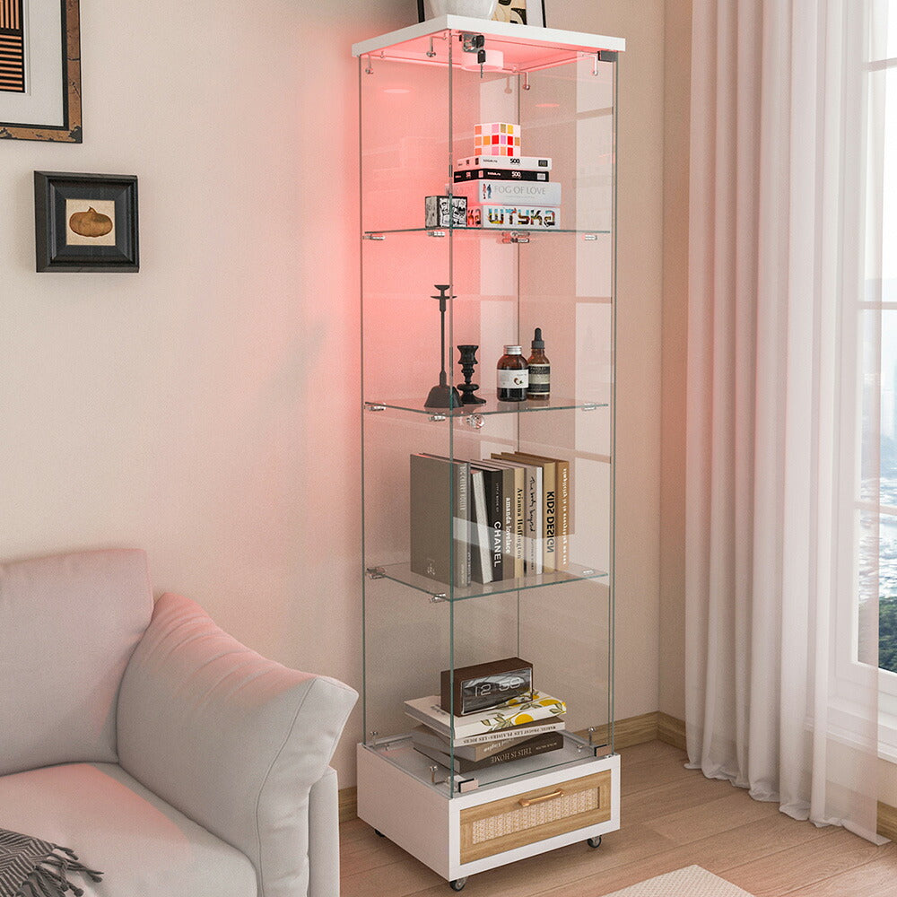 コレクションケース コレクションシェルフ コレクションケース キャビネット 鍵付き フィギュアケース 強化ガラス扉付き LED照明＆引き出し付き 4段 スリム 収納棚 全面ガラス ディスプレイ 7日内出荷