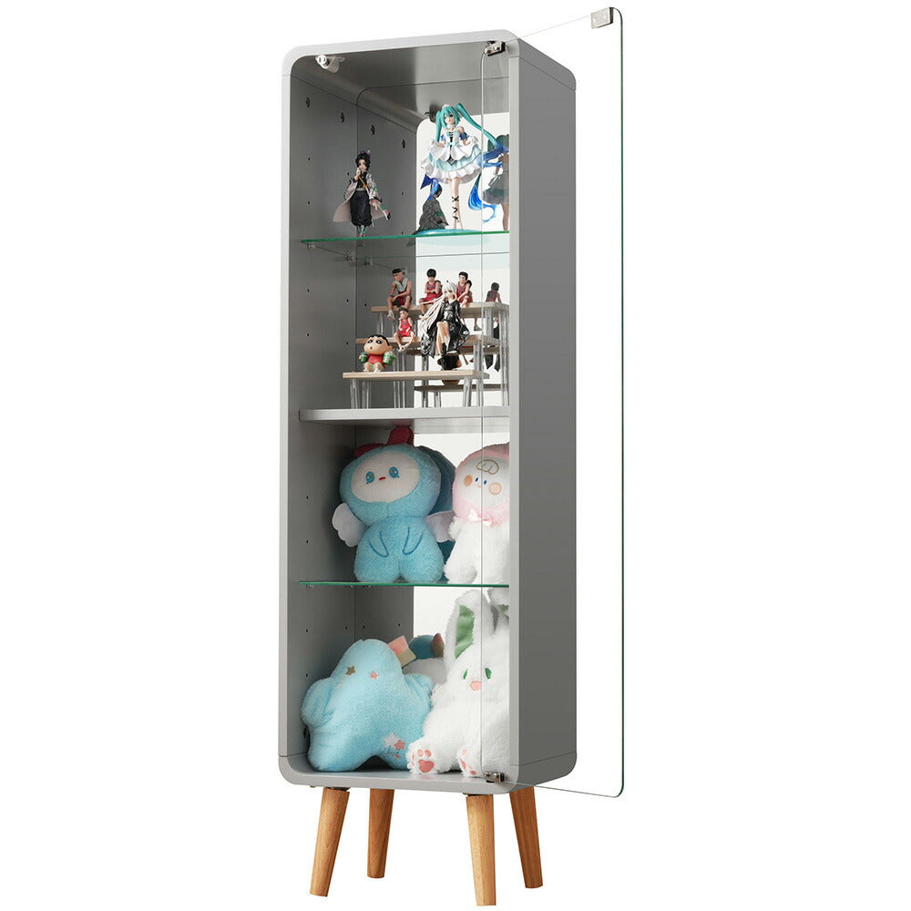 コレクションケース コレクションシェルフ コレクションケース キャビネット フィギュアケース 強化ガラス扉付き 4段 高さ調節可能 可動棚 スリム 収納 背面ミラー 棚 グレー 7日内出荷