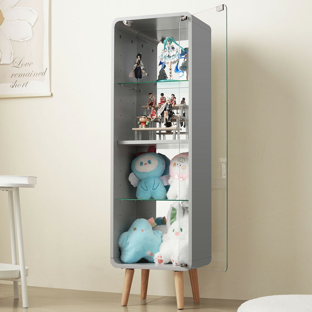 コレクションケース コレクションシェルフ コレクションケース キャビネット フィギュアケース 強化ガラス扉付き 4段 高さ調節可能 可動棚 スリム 収納 背面ミラー 棚 グレー 7日内出荷