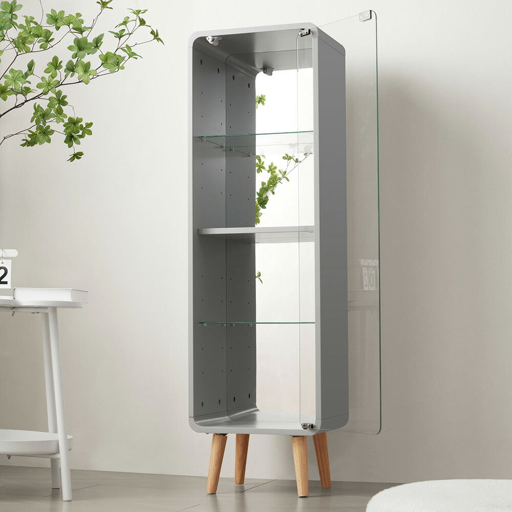 コレクションケース コレクションシェルフ コレクションケース キャビネット フィギュアケース 強化ガラス扉付き 4段 高さ調節可能 可動棚 スリム 収納 背面ミラー 棚 グレー 7日内出荷