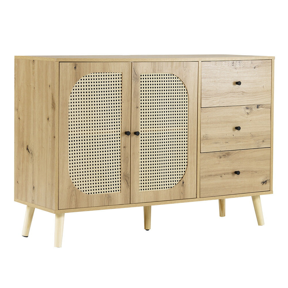 キャビネット サイドボード チェスト 引き出し付き 大容量 収納棚 リビング 収納 ローボード 収納チェスト 幅120 ヴィンテージ 3段 扉付き リビングボード おしゃれ 整理タンス 北欧 木目調 ラタン風 おしゃれ 寝室 キッチン ナチュラル