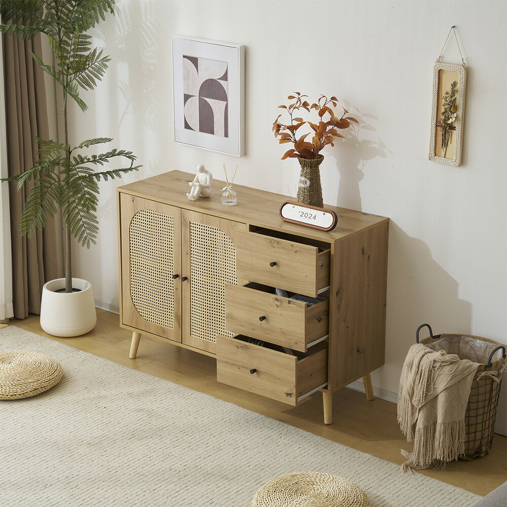 キャビネット サイドボード チェスト 引き出し付き 大容量 収納棚 リビング 収納 ローボード 収納チェスト 幅120 ヴィンテージ 3段 扉付き リビングボード おしゃれ 整理タンス 北欧 木目調 ラタン風 おしゃれ 寝室 キッチン ナチュラル