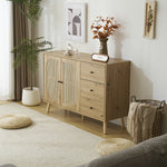 キャビネット サイドボード チェスト 引き出し付き 大容量 収納棚 リビング 収納 ローボード 収納チェスト 幅120 ヴィンテージ 3段 扉付き リビングボード おしゃれ 整理タンス 北欧 木目調 ラタン風 おしゃれ 寝室 キッチン ナチュラル