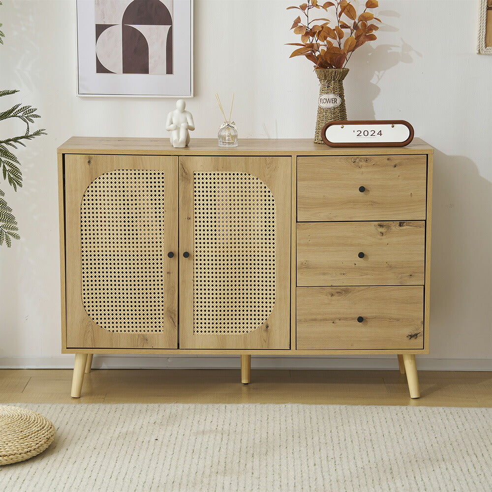 キャビネット サイドボード チェスト 引き出し付き 大容量 収納棚 リビング 収納 ローボード 収納チェスト 幅120 ヴィンテージ 3段 扉付き リビングボード おしゃれ 整理タンス 北欧 木目調 ラタン風 おしゃれ 寝室 キッチン ナチュラル