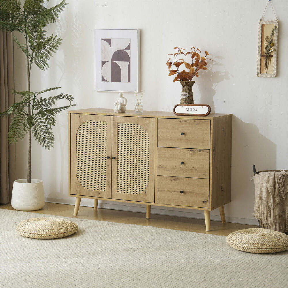 キャビネット サイドボード チェスト 引き出し付き 大容量 収納棚 リビング 収納 ローボード 収納チェスト 幅120 ヴィンテージ 3段 扉付き リビングボード おしゃれ 整理タンス 北欧 木目調 ラタン風 おしゃれ 寝室 キッチン ナチュラル