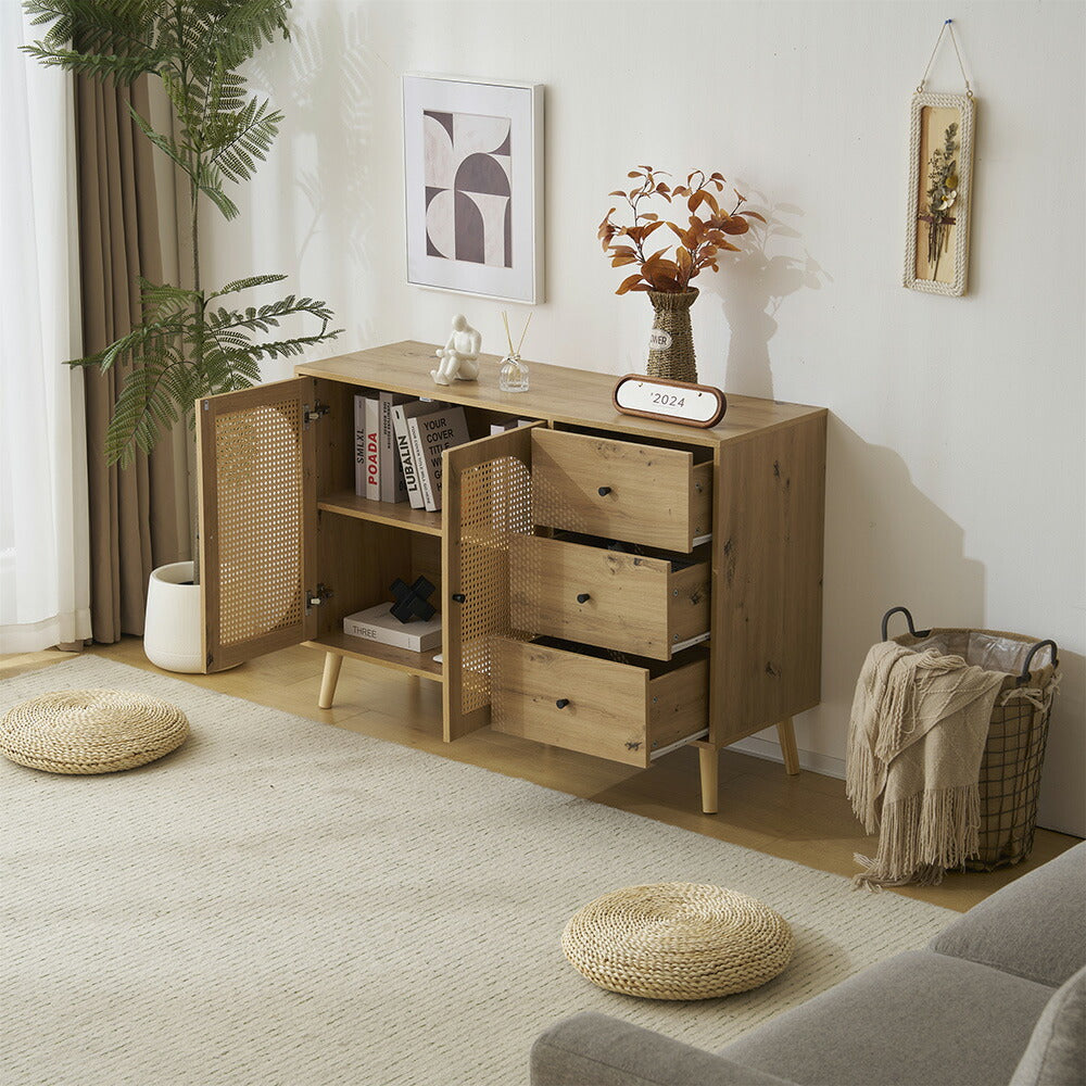 キャビネット サイドボード チェスト 引き出し付き 大容量 収納棚 リビング 収納 ローボード 収納チェスト 幅120 ヴィンテージ 3段 扉付き リビングボード おしゃれ 整理タンス 北欧 木目調 ラタン風 おしゃれ 寝室 キッチン ナチュラル