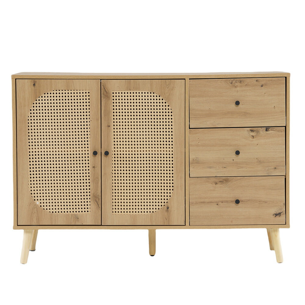 キャビネット サイドボード チェスト 引き出し付き 大容量 収納棚 リビング 収納 ローボード 収納チェスト 幅120 ヴィンテージ 3段 扉付き リビングボード おしゃれ 整理タンス 北欧 木目調 ラタン風 おしゃれ 寝室 キッチン ナチュラル