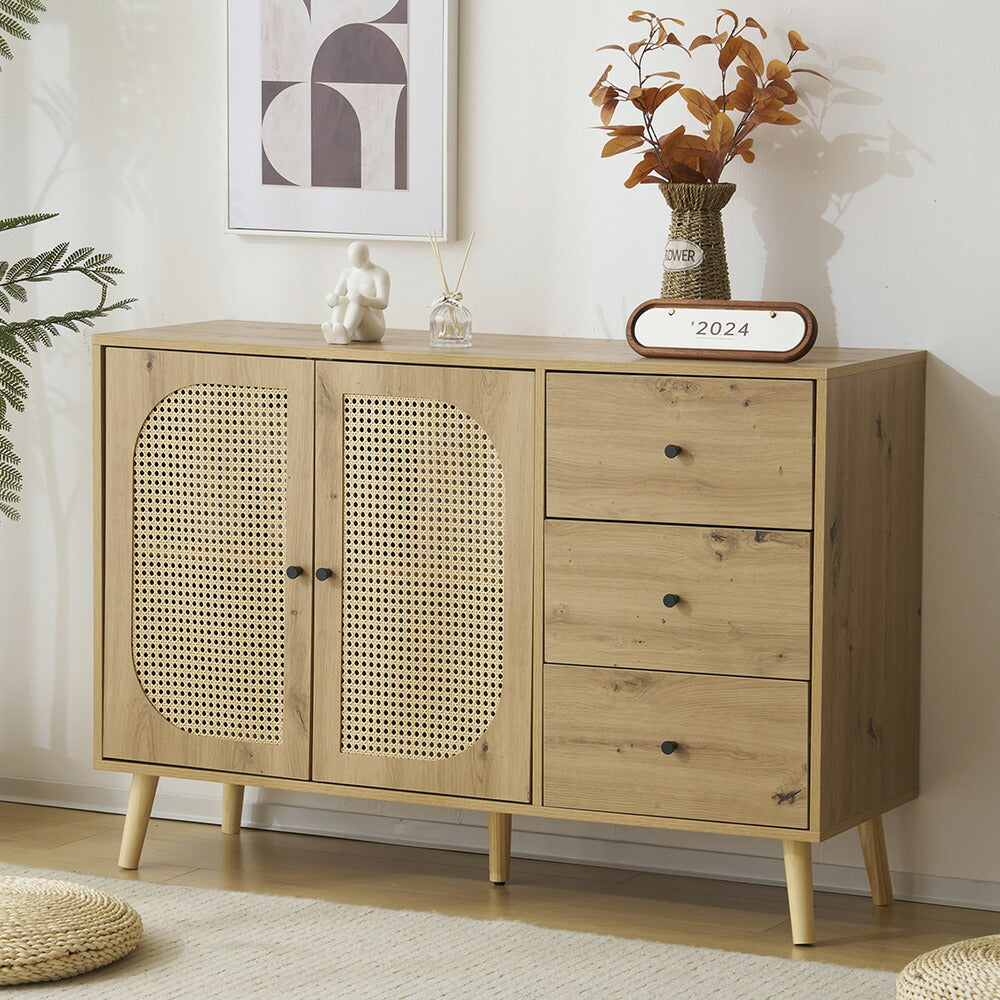 キャビネット サイドボード チェスト 引き出し付き 大容量 収納棚 リビング 収納 ローボード 収納チェスト 幅120 ヴィンテージ 3段 扉付き リビングボード おしゃれ 整理タンス 北欧 木目調 ラタン風 おしゃれ 寝室 キッチン ナチュラル