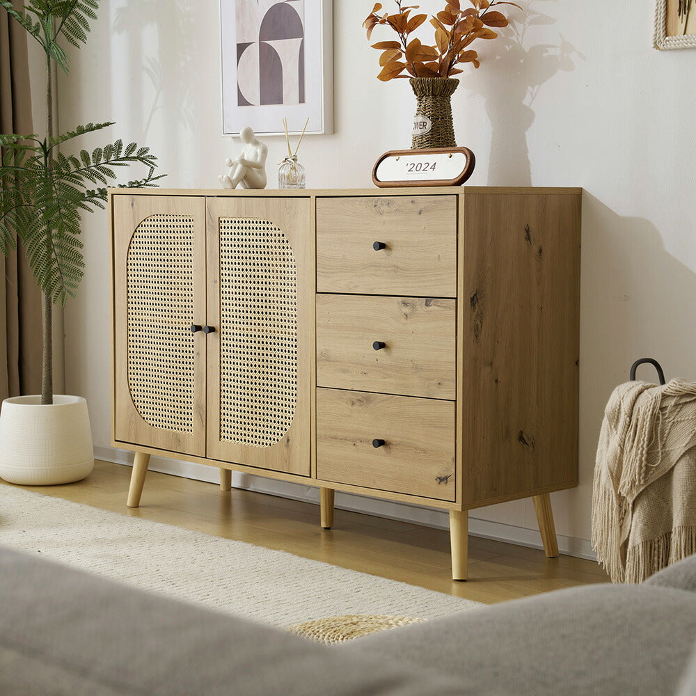 キャビネット サイドボード チェスト 引き出し付き 大容量 収納棚 リビング 収納 ローボード 収納チェスト 幅120 ヴィンテージ 3段 扉付き リビングボード おしゃれ 整理タンス 北欧 木目調 ラタン風 おしゃれ 寝室 キッチン ナチュラル
