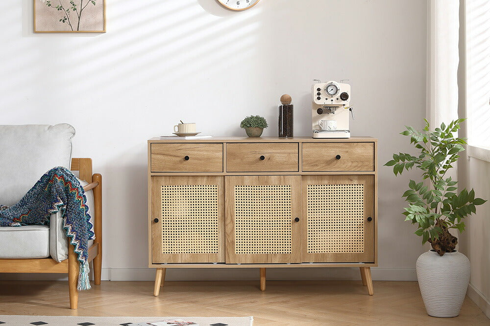 キャビネット サイドボード チェスト 引き出し付き 大容量 収納棚 リビング 収納 ローボード 収納チェスト 幅120 ヴィンテージ 扉付き リビングボード おしゃれ 整理タンス 北欧 木目調 ラタン風 おしゃれ 寝室 キッチン ナチュラル