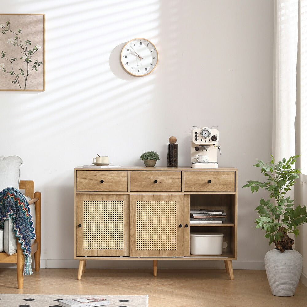 キャビネット サイドボード チェスト 引き出し付き 大容量 収納棚 リビング 収納 ローボード 収納チェスト 幅120 ヴィンテージ 扉付き リビングボード おしゃれ 整理タンス 北欧 木目調 ラタン風 おしゃれ 寝室 キッチン ナチュラル