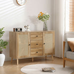 キャビネット サイドボード チェスト 3杯引き出し付き 大容量 収納棚 リビング 収納 ローボード 収納チェスト 幅120 ヴィンテージ 扉付き リビングボード おしゃれ 整理タンス 北欧 木目調 ラタン風 おしゃれ 寝室 キッチン ナチュラル