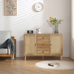 キャビネット サイドボード チェスト 3杯引き出し付き 大容量 収納棚 リビング 収納 ローボード 収納チェスト 幅120 ヴィンテージ 扉付き リビングボード おしゃれ 整理タンス 北欧 木目調 ラタン風 おしゃれ 寝室 キッチン ナチュラル