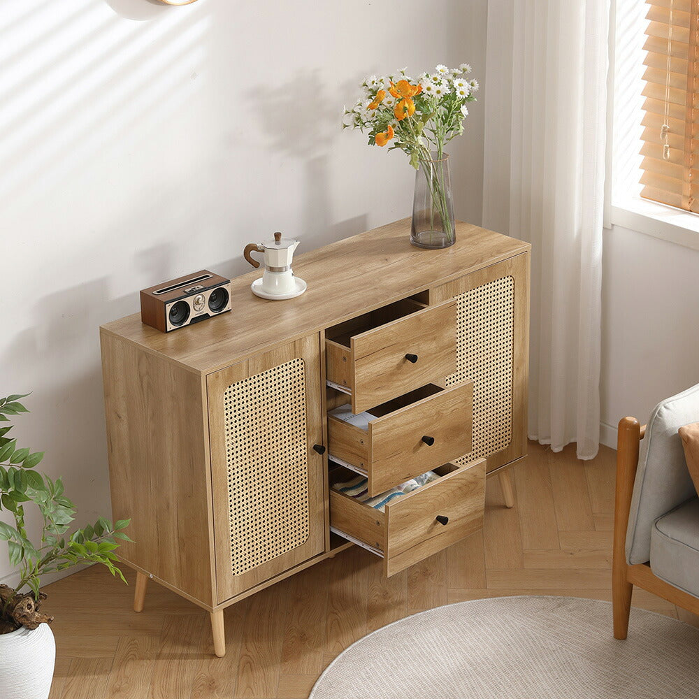 キャビネット サイドボード チェスト 3杯引き出し付き 大容量 収納棚 リビング 収納 ローボード 収納チェスト 幅120 ヴィンテージ 扉付き リビングボード おしゃれ 整理タンス 北欧 木目調 ラタン風 おしゃれ 寝室 キッチン ナチュラル