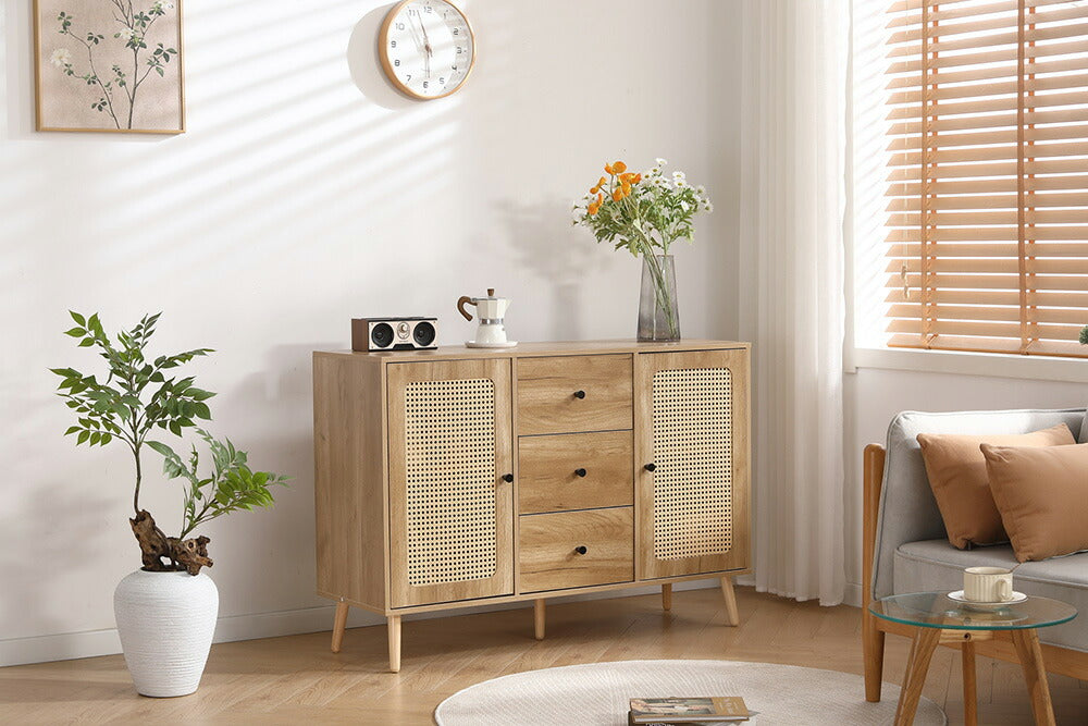 キャビネット サイドボード チェスト 3杯引き出し付き 大容量 収納棚 リビング 収納 ローボード 収納チェスト 幅120 ヴィンテージ 扉付き リビングボード おしゃれ 整理タンス 北欧 木目調 ラタン風 おしゃれ 寝室 キッチン ナチュラル