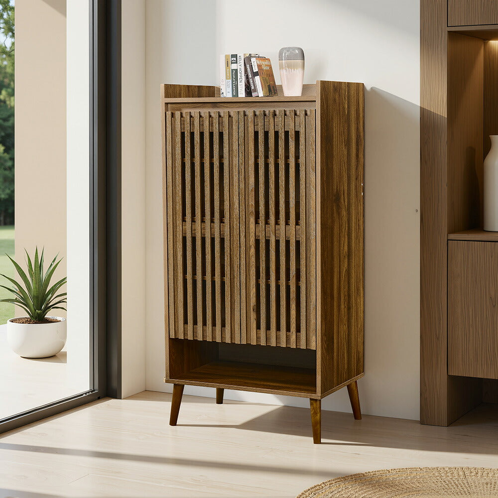 キャビネット サイドボード チェスト 木製 おしゃれ 扉付き 可動棚 縦格子扉 幅60cm 奥行39cm 高さ120cm 大容量 リビング ヴィンテージ 北欧 木目調 ウッド 家具 玄関 寝室 ウォルナットカラー 7日内出荷