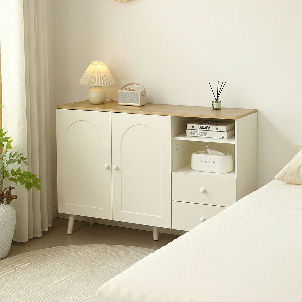 キャビネット サイドボード チェスト 引き出し付き ホワイト アイボリー 白 大容量 収納棚 リビング 収納 モダン 扉付き リビングボード オープン おしゃれ 整理タンス 北欧 韓国風 おしゃれ 寝室 子供部屋 幅118cm 奥行35cm 高さ82cm 2Way仕様天板 可愛い