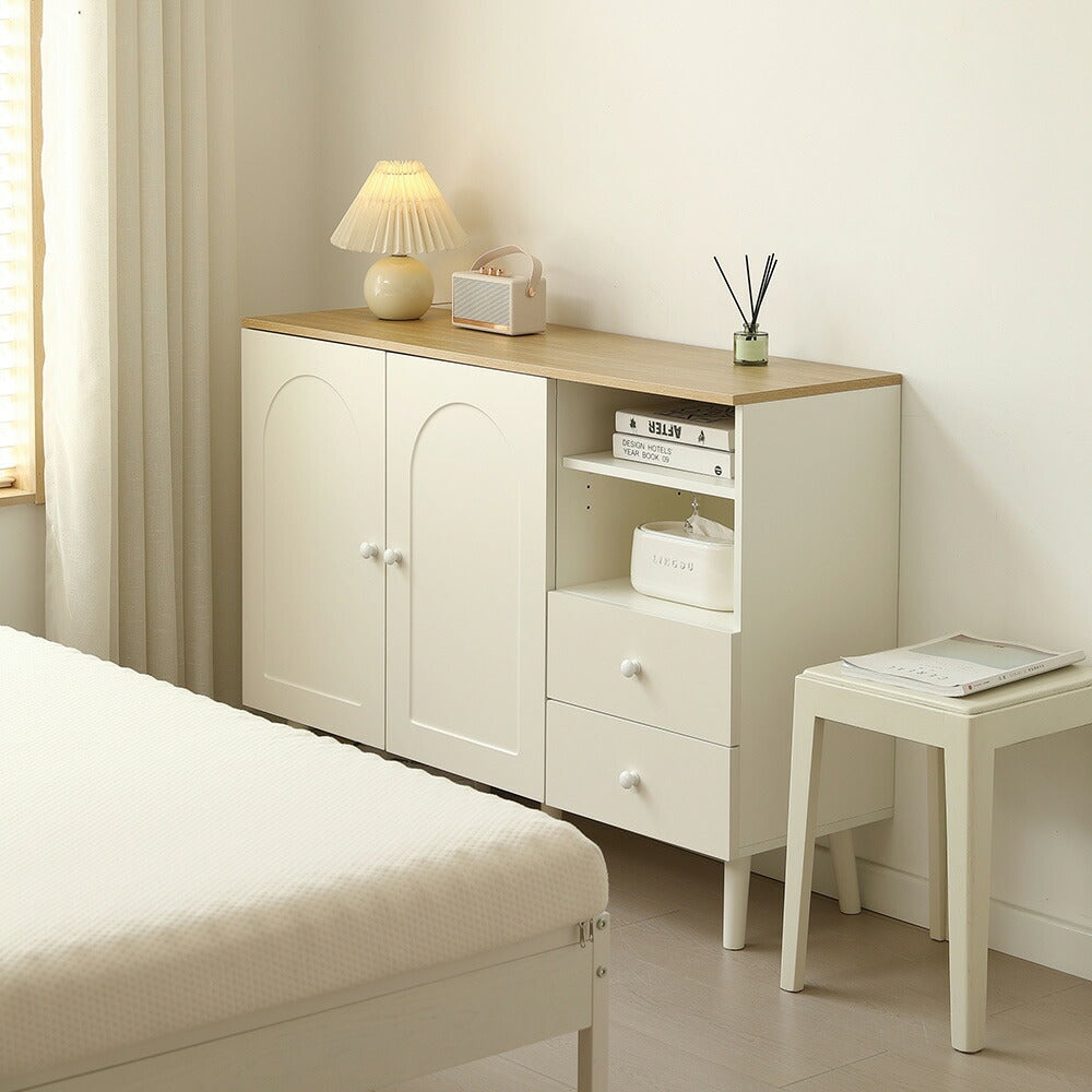 キャビネット サイドボード チェスト 引き出し付き ホワイト アイボリー 白 大容量 収納棚 リビング 収納 モダン 扉付き リビングボード オープン おしゃれ 整理タンス 北欧 韓国風 おしゃれ 寝室 子供部屋 幅118cm 奥行35cm 高さ82cm 2Way仕様天板 可愛い