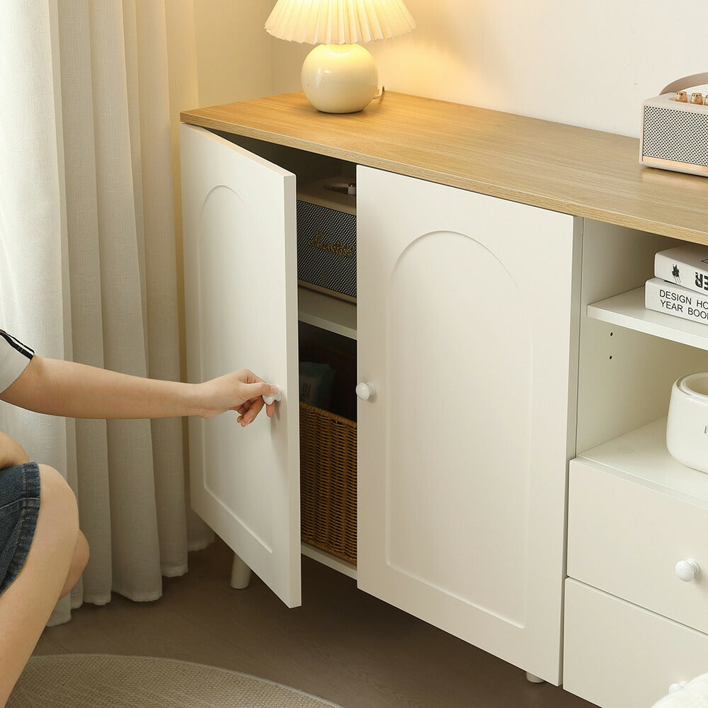 キャビネット サイドボード チェスト 引き出し付き ホワイト アイボリー 白 大容量 収納棚 リビング 収納 モダン 扉付き リビングボード オープン おしゃれ 整理タンス 北欧 韓国風 おしゃれ 寝室 子供部屋 幅118cm 奥行35cm 高さ82cm 2Way仕様天板 可愛い