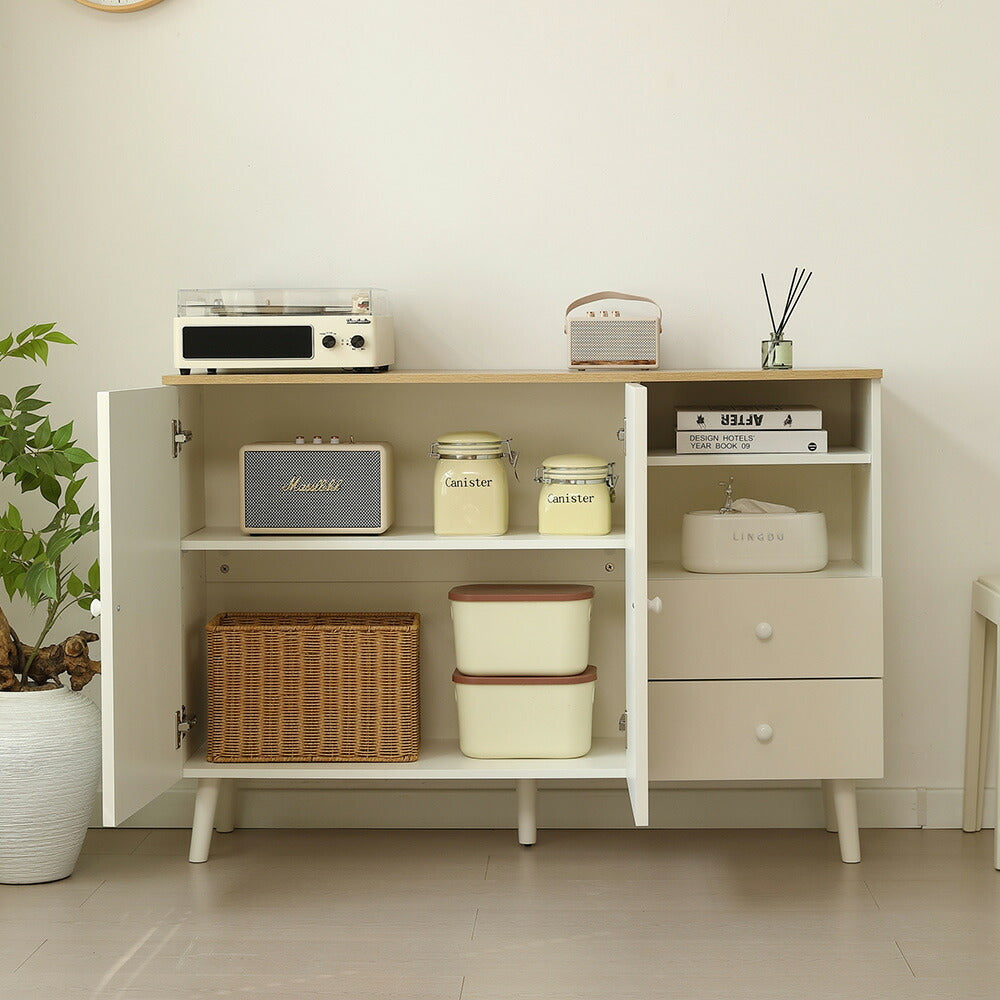 キャビネット サイドボード チェスト 引き出し付き ホワイト アイボリー 白 大容量 収納棚 リビング 収納 モダン 扉付き リビングボード オープン おしゃれ 整理タンス 北欧 韓国風 おしゃれ 寝室 子供部屋 幅118cm 奥行35cm 高さ82cm 2Way仕様天板 可愛い