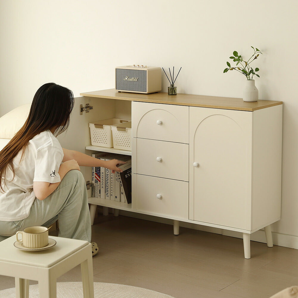 キャビネット サイドボード チェスト 引き出し付き ホワイト アイボリー 白 大容量 収納棚 リビング 収納 モダン 扉付き リビングボード おしゃれ 整理タンス 北欧 韓国風 おしゃれ 寝室 子供部屋 幅118cm 奥行35cm 高さ82cm 2Way仕様天板 可愛い