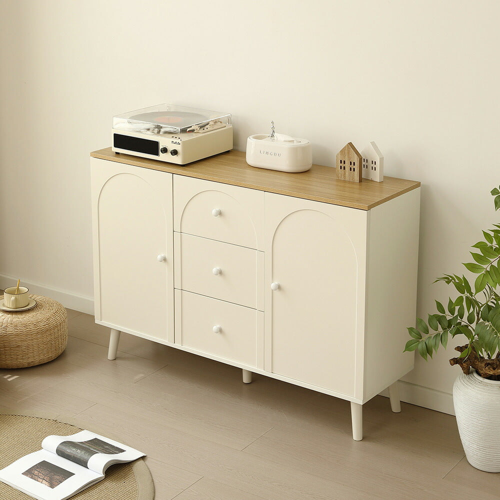 キャビネット サイドボード チェスト 引き出し付き ホワイト アイボリー 白 大容量 収納棚 リビング 収納 モダン 扉付き リビングボード おしゃれ 整理タンス 北欧 韓国風 おしゃれ 寝室 子供部屋 幅118cm 奥行35cm 高さ82cm 2Way仕様天板 可愛い