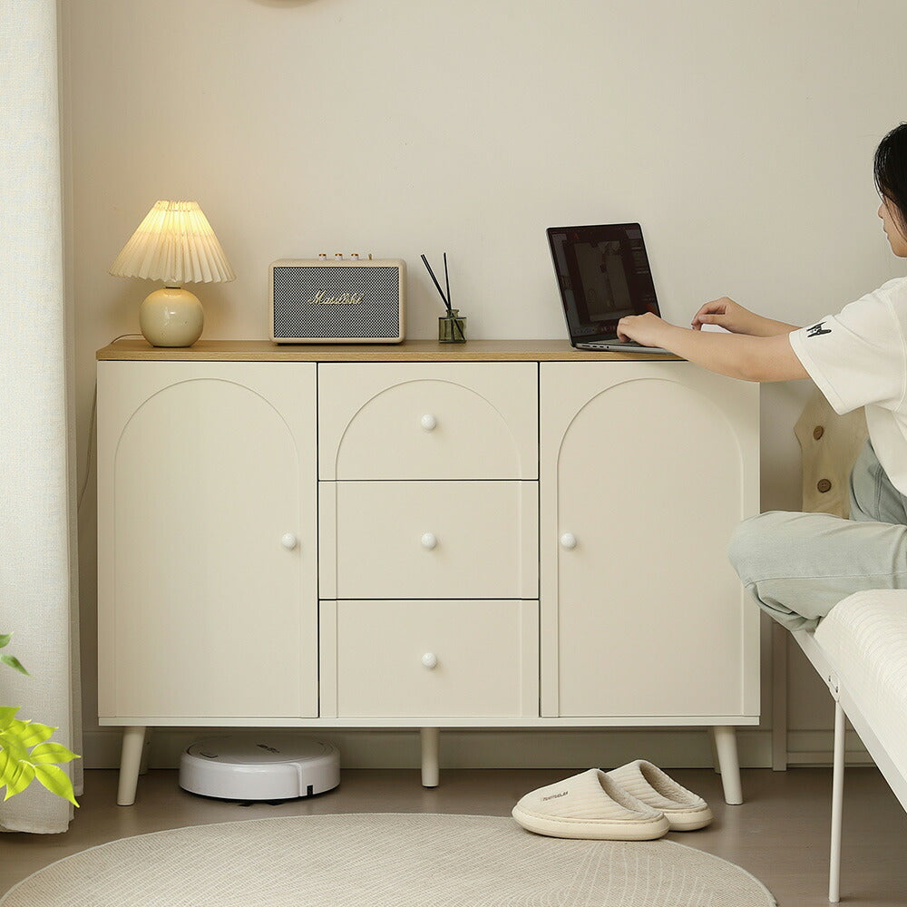 キャビネット サイドボード チェスト 引き出し付き ホワイト アイボリー 白 大容量 収納棚 リビング 収納 モダン 扉付き リビングボード おしゃれ 整理タンス 北欧 韓国風 おしゃれ 寝室 子供部屋 幅118cm 奥行35cm 高さ82cm 2Way仕様天板 可愛い