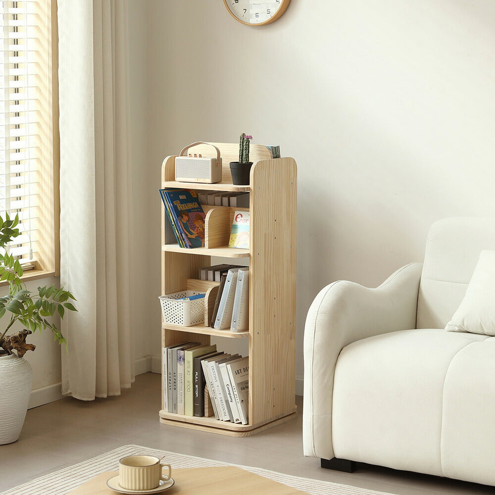 本棚 回転式 天然木 パイン材 ブックシェルフ A4対応 絵本棚 図鑑対応 コミック収納 360度回転 スリム 省スペース 子供部屋 おしゃれ 回転ラック 大容量 7日内出荷