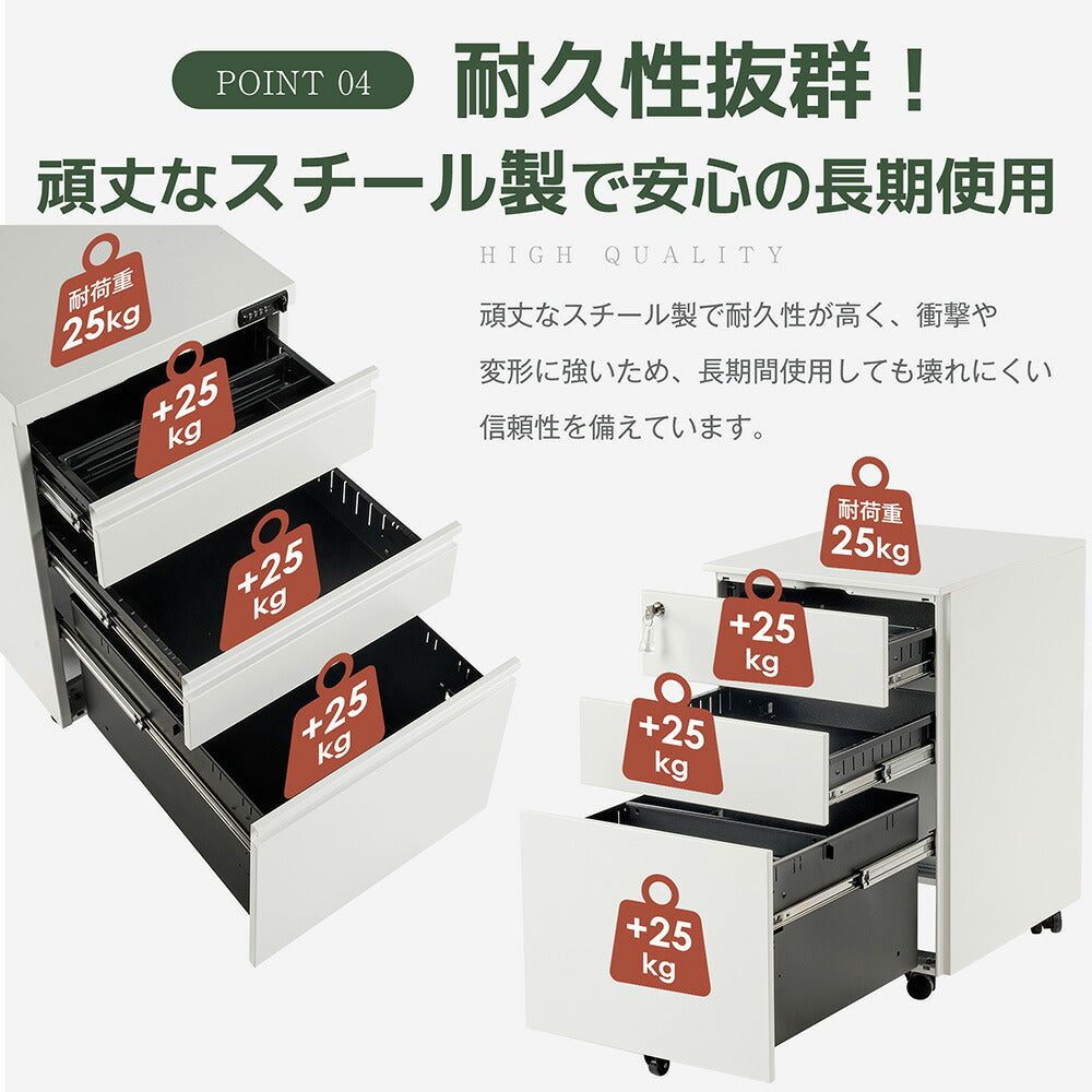 デスクワゴン サイドワゴン 3段 鍵付き キャスター付き スチールワゴン 大容量収納 脇机 オフィス収納 A4対応 完成品 7日内出荷