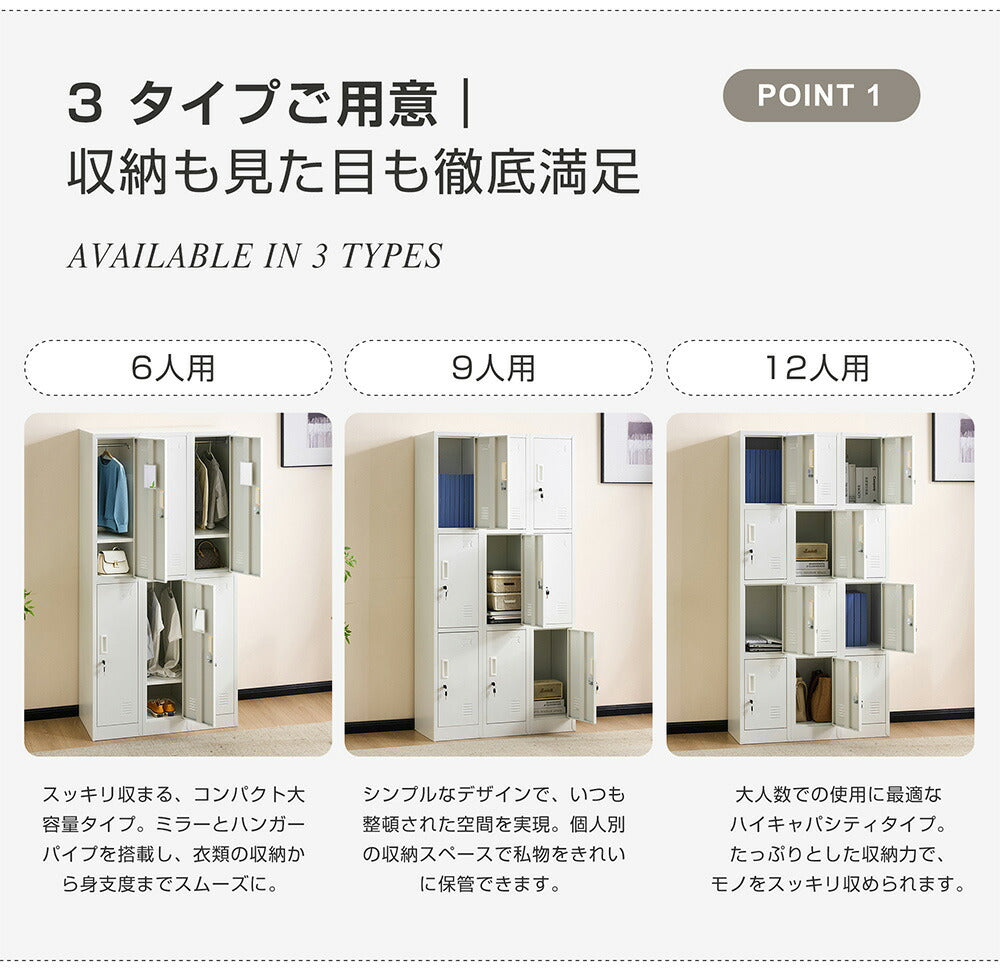 ロッカー スチールロッカー 更衣ロッカー 6人用／9人用／12人用 鍵付き スペアキー付き スリム 業務用 オフィスロッカー 収納 会社 学校 更衣室 ホワイト 7日内出荷