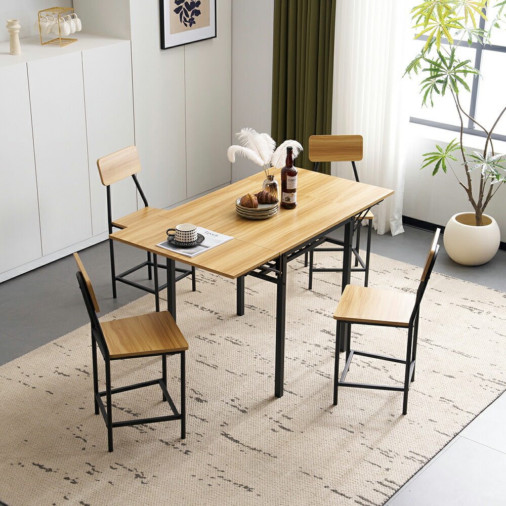 ダイニングテーブルセット 幅131cm 5点セット 折りたたみ式 ダイニングテーブル チェア4脚 ダイニング テーブル 4人掛け 食卓テーブル 伸縮式 長方形 作業台 カウンター デスク 机 ナチュラル 収納付き コンパクト おしゃれ